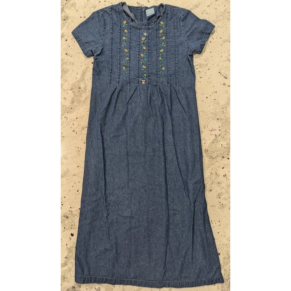 Bobbie‎ Brooks Vtg 90's Sunflower Denim Maxi Dress Cottagecore Hippie Bohemian - Picture 3 of 9